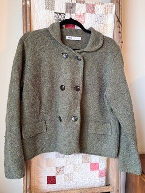 Zara Olive Green Double-Breasted Wool-Blend Pea Coat